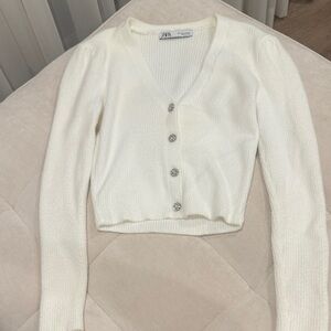 Zara Cream Ribbed V-Neck Cropped Cardigan with Rhinestone Buttons